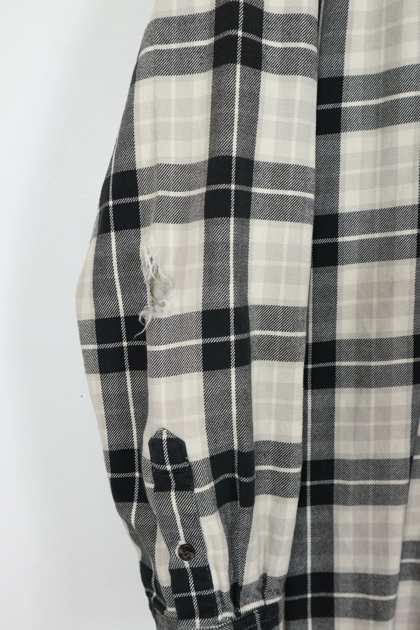 Frayed Black Plaid Button-Down Shirt