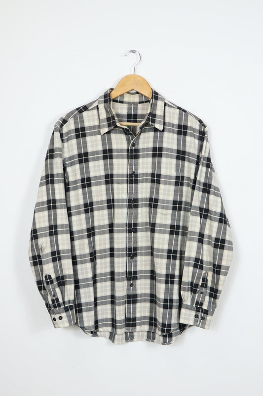 Frayed Black Plaid Button-Down Shirt