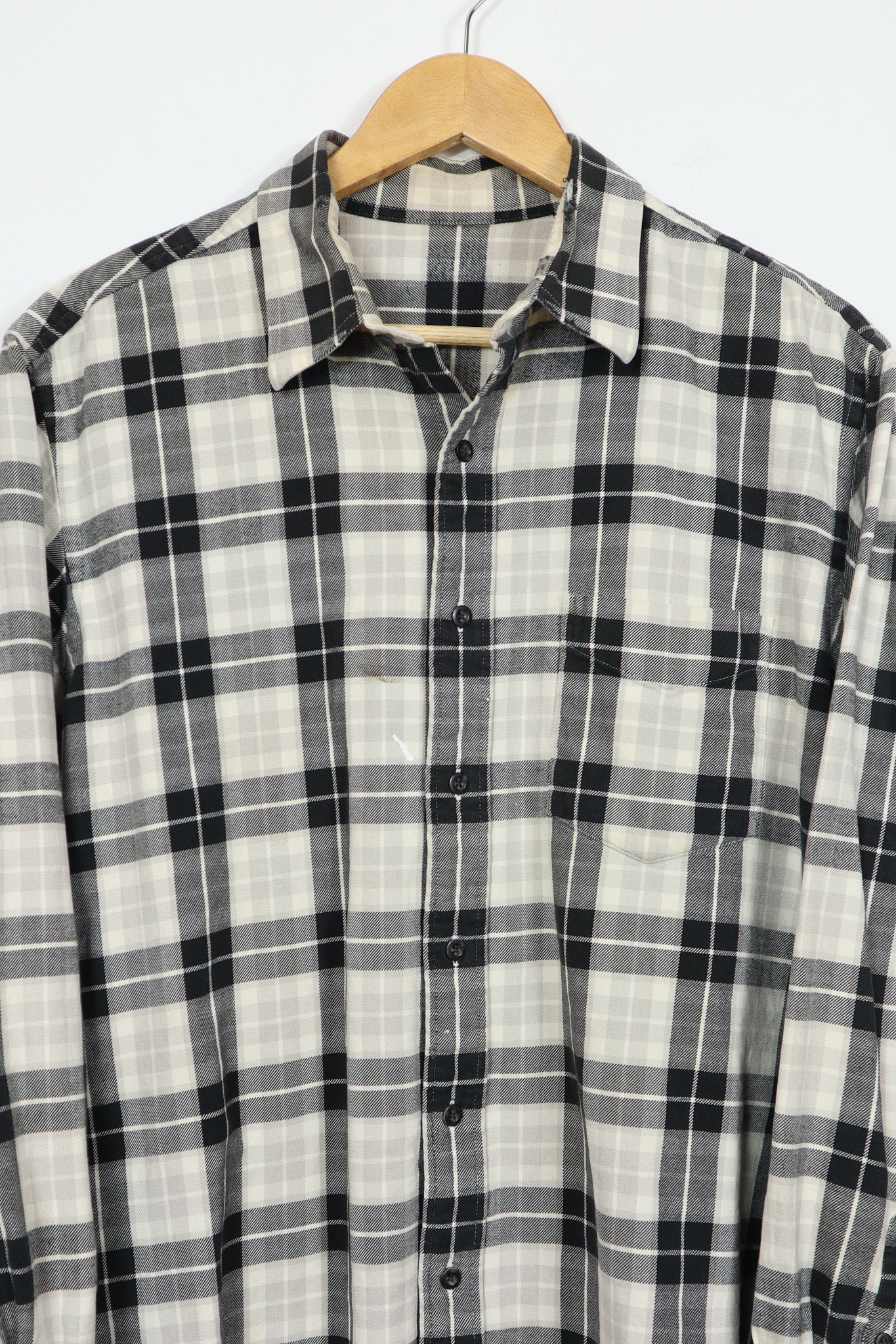 Frayed Black Plaid Button-Down Shirt