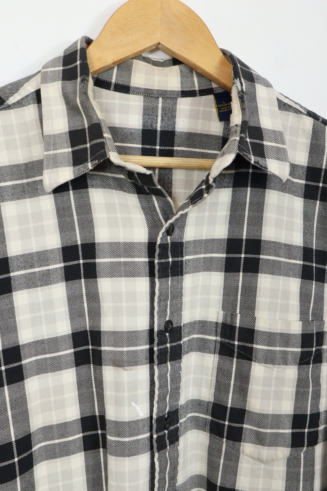 Frayed Black Plaid Button-Down Shirt