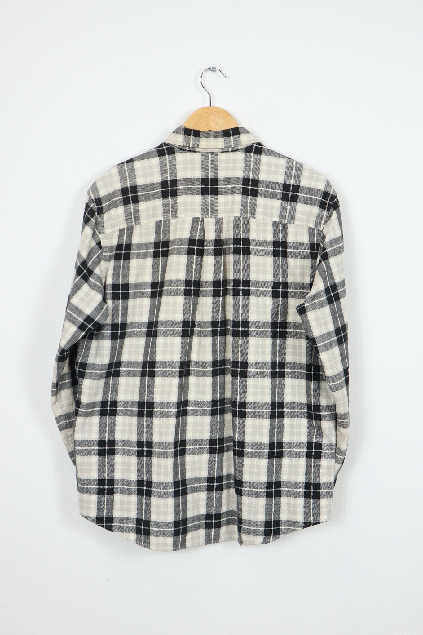 Frayed Black Plaid Button-Down Shirt