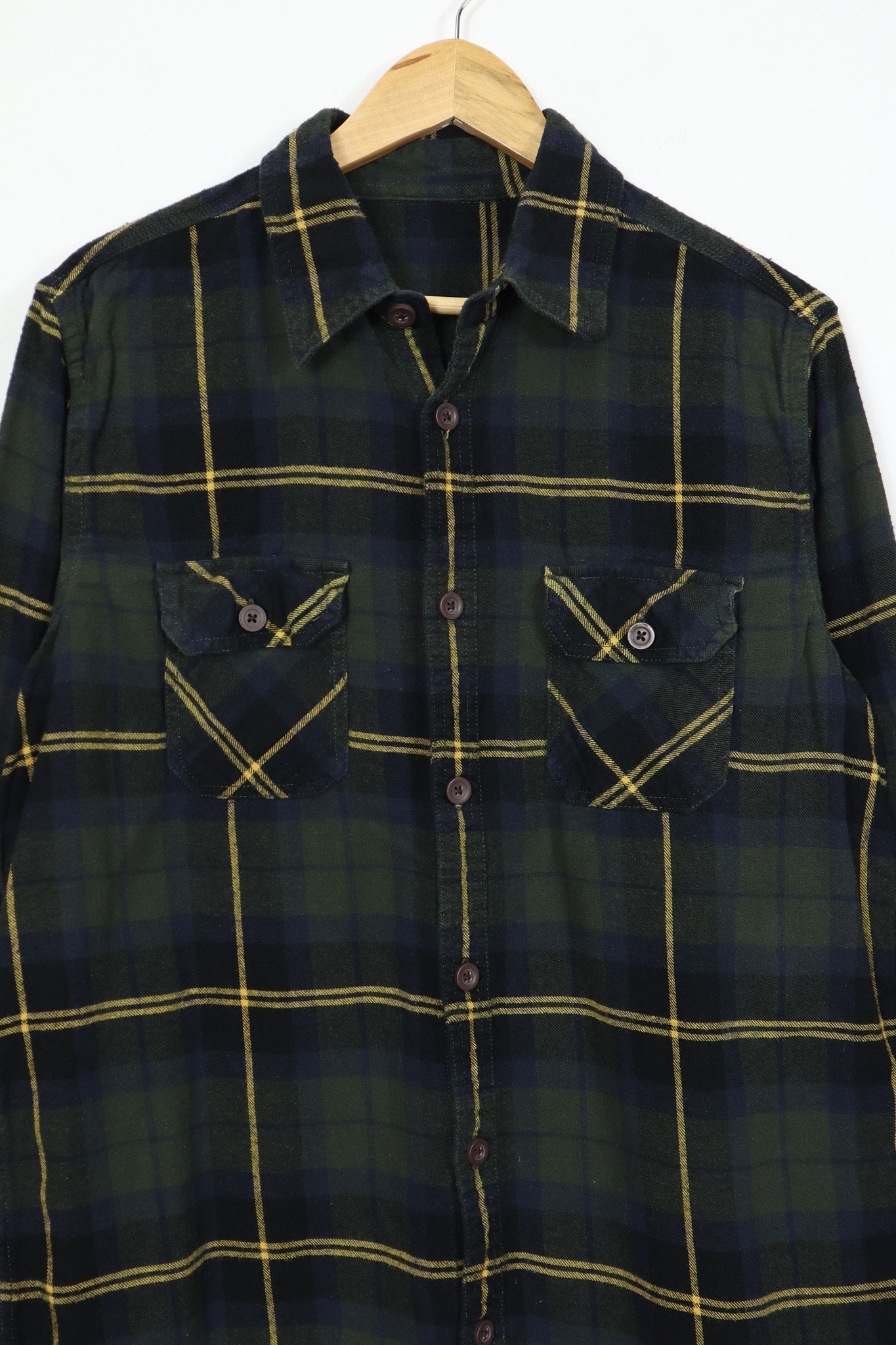 Green Plaid Flannel Button-Down Shirt